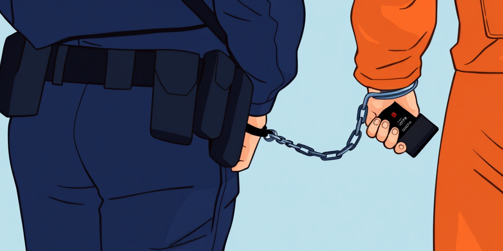 Generate an illustration of a police officer in uniform handcuffing a person wearing an orange jumpsuit, using a DSLR camera with a 50mm lens, aperture f/2.8, ISO 100, shot from a slightly low angle to enhance perspective, in a high-contrast style to improve visual clarity.