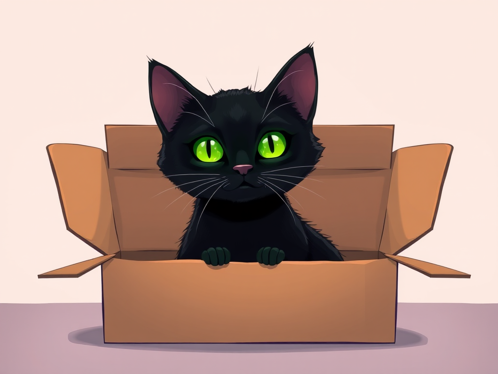 Create an illustration of a black cat with glowing green eyes sitting in an open cardboard box, soft pastel background, using a high-resolution digital art style, with a focus on smooth lines and vibrant colors, simulating a digital camera with 50mm lens at f/2.8 for a shallow depth of field, capturing a frontal view.