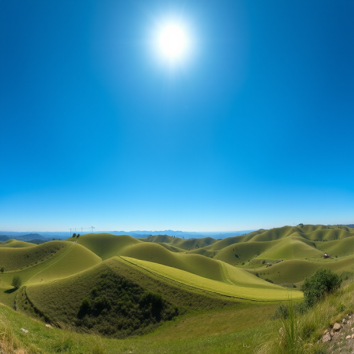 Capture a high-resolution image of a serene landscape featuring rolling hills under a clear blue sky, using a DSLR camera with a 50mm lens, aperture set to f/1.8 for a shallow depth of field, ISO 100 for optimal light quality, and a panoramic view to enhance the scenic beauty.