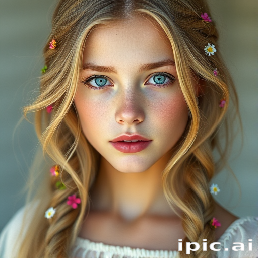Create an image of a young woman with long, wavy blonde hair, adorned with small, colorful flowers woven into her braids and loose strands. Her complexion is fair, with soft, glowing skin, and she has light blue eyes that gaze softly at the viewer. She wears a light, flowing dress with a gentle, ethereal quality, complementing her delicate and serene appearance. The background is slightly blurred, drawing focus to her tranquil expression and the intricate details of the flowers in her hair. The overall mood of the image is one of natural beauty and grace, evoking a sense of peacefulness and connection with nature.