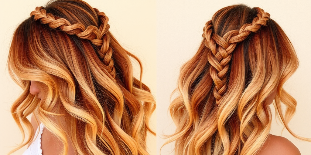 Bohemian desert sunset ombre flowing from warm terracotta to soft peach, styled in tousled beach waves with macramé-inspired braids