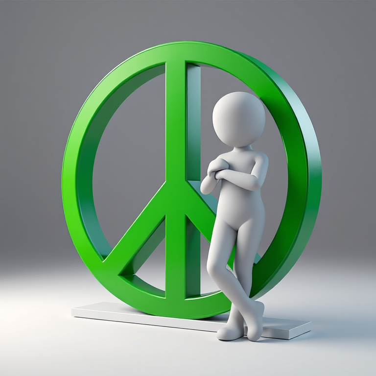 3D illustration of a humanoid figure leaning against a large green peace sign, soft lighting, high-resolution, 85mm lens, f/1.8 aperture, ISO 100, shallow depth of field, studio lighting, digital art.