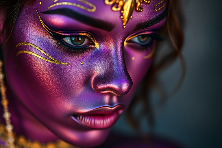 Create a close-up portrait of a model with intricate metallic body paint and artistic makeup, featuring vibrant purple and gold tones, with soft, ethereal lighting, shot with a Canon EOS R5 at 85mm f/1.2 aperture, using a shallow depth of field for background blur and enhanced color saturation.