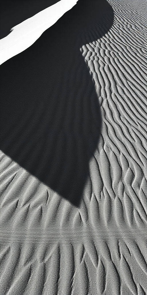 create a high-contrast black and white image of sand dunes with intricate wave patterns and shadows in the texture of the sand
