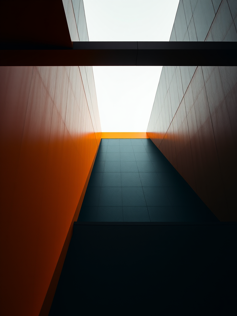 Create a geometric abstract composition featuring bold lines and contrasting colors, shot with a Canon EOS R5 at f/8, ISO 100, 1/250s, using a wide-angle lens to enhance depth and detail.