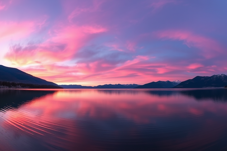 Create a high-resolution panoramic image of a tranquil lake at sunset with dramatic purple and pink sky reflections, using a Canon EOS R5 with a 24-70mm f/2.8 lens at f/8, ISO 100, shutter speed 1/125s, and a wide-angle view to capture the serene landscape and distant mountains.