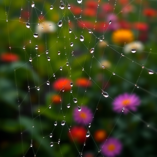 Sharp close-up of raindrops on a spider's web in the early morning, tiny droplets glistening in soft sunlight, with blurred green foliage and distant flowers providing a colorful backdrop.