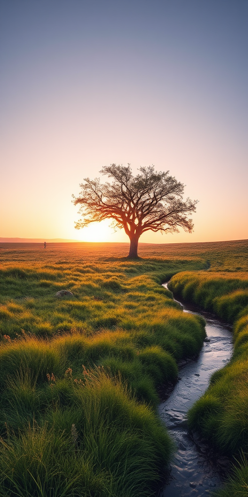 Capture a serene landscape at dawn featuring a solitary tree in an open field, soft light illuminating the grass, with a gentle stream running nearby, use a Canon EOS R5, 24mm lens, aperture f/8, ISO 100, shutter speed 1/60 sec, shot in landscape orientation.