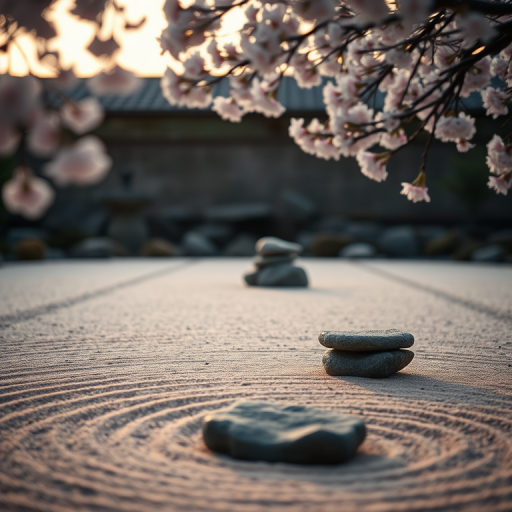 Soft-focus image of a tranquil zen garden at dawn, with raked sand patterns, carefully placed stones, and soft pink cherry blossoms framing the scene in the background.