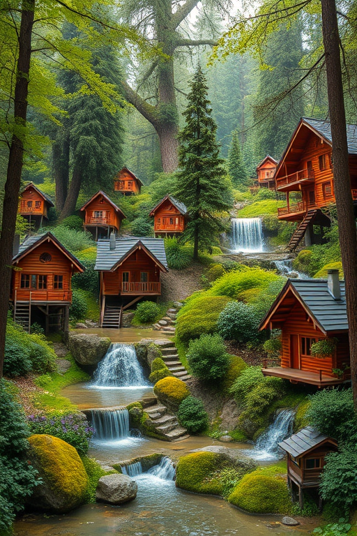 Create a high-resolution image of a stylized forest scene with intricately designed wooden houses nestled among lush greenery and cascading waterfalls, shot with a Canon EOS R5 at f/8, ISO 100, with a wide-angle lens at 24mm, using a soft natural lighting setup for enhanced depth and detail.