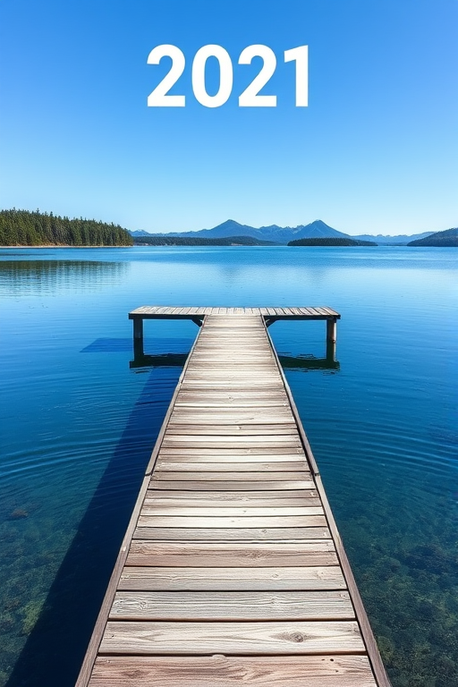 Create a visually appealing calendar graphic for 2021 featuring a serene lake view with a wooden pier extending into the water, using vibrant blue tones, flat design style, shot with a digital camera at f/8 aperture, ISO 100, 24mm focal length, in landscape orientation.
