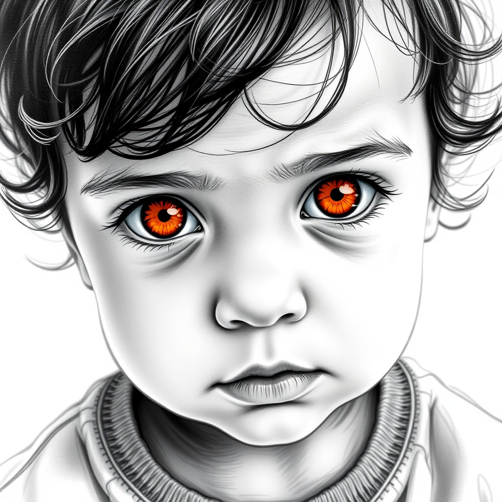 A hyperdetailed photorealistic black and white sketch of a beautiful toddler with deep orange eyes, with a macro focus