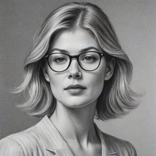 Exquisite Rosamund Pike, pencil sketch, portrait of Captivating woman 1980s in glasses, hair style beatnik, outline, clear lines, fine lines, 8k