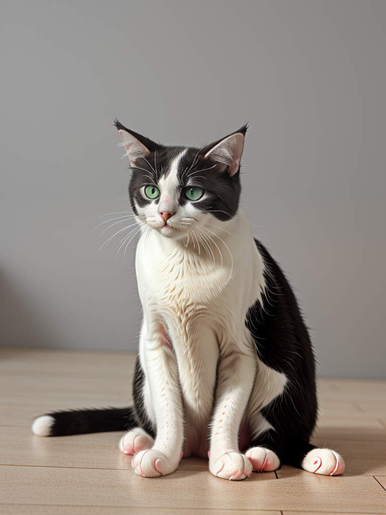 A Unique Cat with Unusual Features Sitting Gracefully on a Wooden Floor
