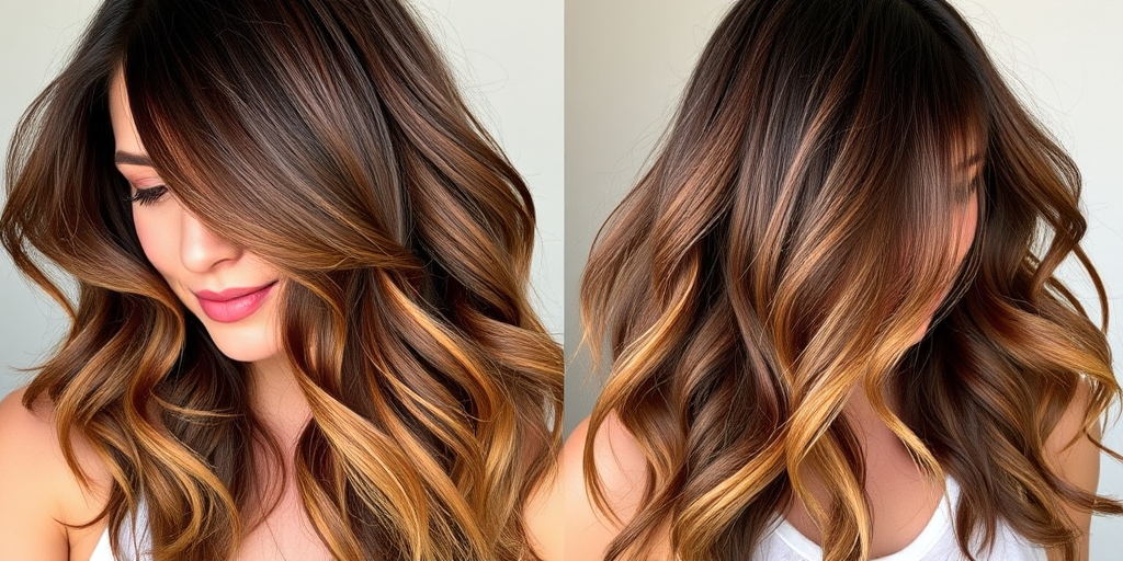 Chocolate brown hair with caramel and honey highlights styled in loose, beachy waves embodies the sun-kissed "Golden Hour Glow" look, featuring face-framing tendrils and a subtle root smudge that adds depth and dimension to the warm, rich tones, creating a natural and effortlessly chic appearance