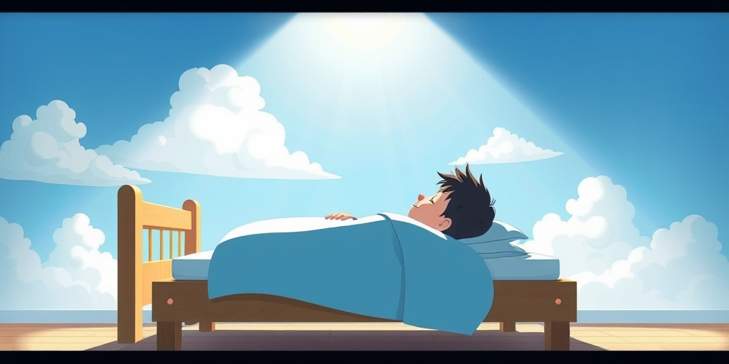 Create an image of a cartoon scene showing a person lying on a bed, with sunlight streaming in from above, a blue sky, fluffy clouds, and a simple wooden bed frame, using a high-resolution digital camera with a 50mm lens, aperture f/2.8, ISO 100, soft lighting, and a slight vignette effect for a dreamy atmosphere.