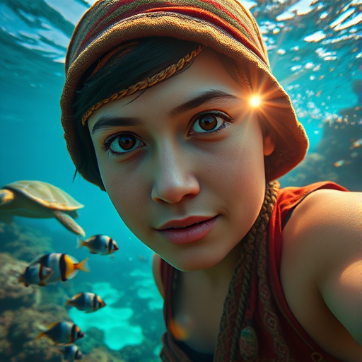 Realistic selfie image of a Mapuche, wearing a vintage outfit, detailed dreamy eyes, droopy hooded eyes, staring at the camera, taken underwater at coral reef with a sunbeam filtering through the water, vibrant, summer vacation, natural lighting, turtle and school of tropical fish with vibrant colors, rendered in the style of CryEngine, Pegi Nicol MacLeod, with realistic genre scenes, hauntingly beautiful narratives, ultra-realism, and Thomas Saliot's close-up technique, 8K resolution, crystal clear and sparkling water.