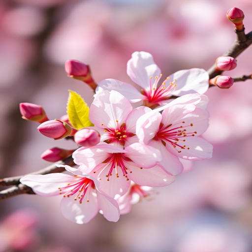 high-resolution illustration of a branch with blossoms and buds, macro view, natural lighting, DSLR camera, f/2.8 aperture, 50mm lens, 1/200 sec shutter speed