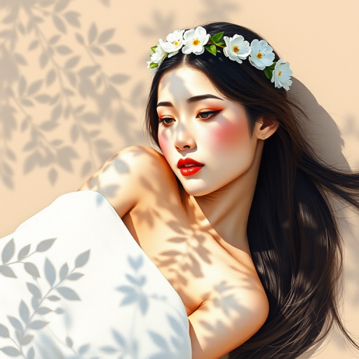 create a watercolor painting of an ethereal portrait of beautiful Bhutanese woman with a simple white flower crown on her head. Her hair is long and she is lying on the ground. The sunlight on the trees casts shadows from the leaves on her face and body. The background is a neutral brown color that matches her skin tone. The image is minimalist and solid colors. This style is characterized by soft, delicate brushstrokes and a light, airy, contrasting color palette. High level of detail and play of light