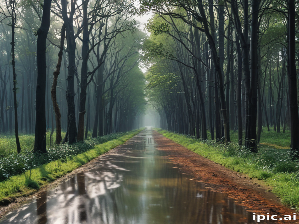 Serene Forest Pathway Surrounded by Lush Greenery and Misty Atmosphere