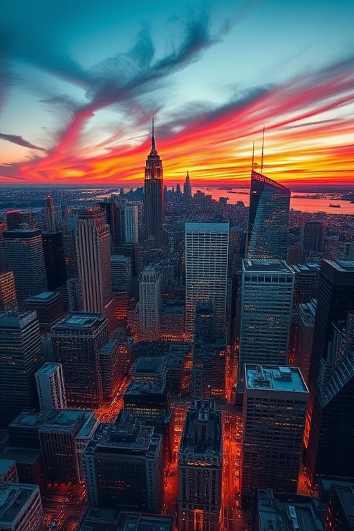 Create a high-resolution photograph of a city skyline at sunset with vibrant colors, using a wide-angle lens at f/8, ISO 100, 1/250 sec exposure, captured from a high vantage point to emphasize depth and perspective, employing a DSLR camera style for enhanced clarity.