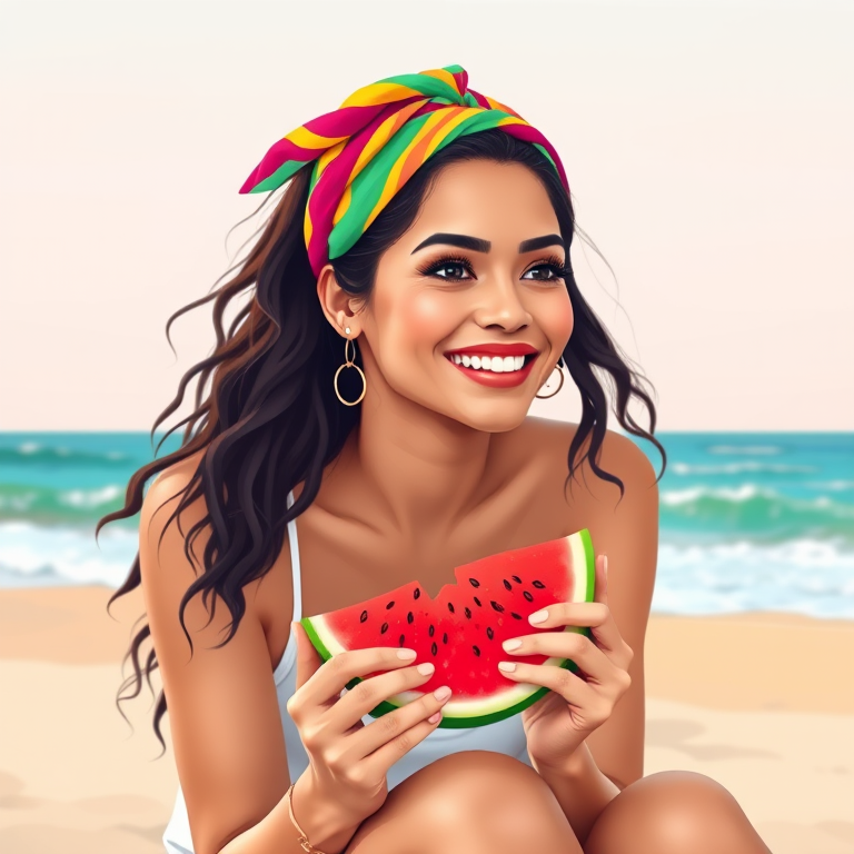 Create an illustration of a smiling woman sitting on the beach holding a slice of watermelon, wearing a colorful headband, with a background of ocean waves and a soft pastel sky, use a bright color palette, high contrast, digital art style, shot with a Canon EOS R5, 50mm lens, aperture f/1.8, ISO 100, natural light.