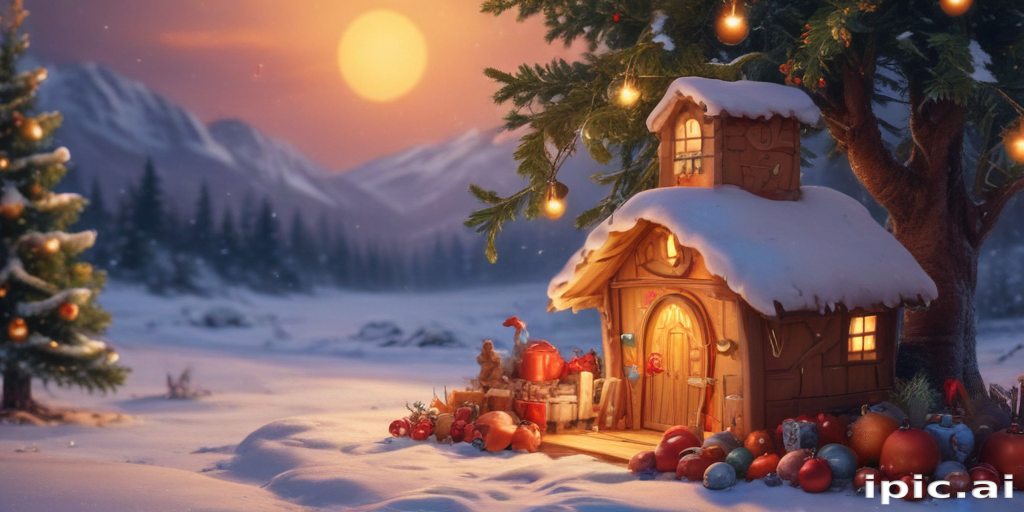 Charming Winter Cottage Surrounded by Snow and Holiday Decorations at Dusk