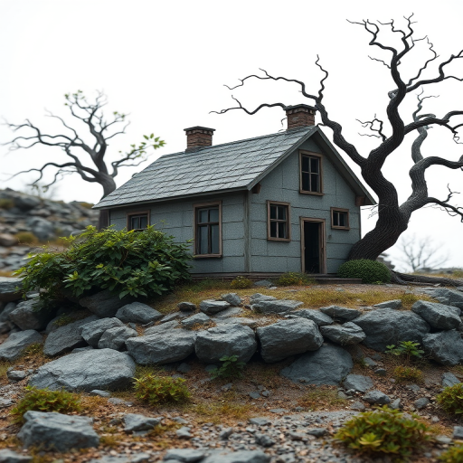 Create a highly detailed 3D rendering of an old, abandoned house situated on rocky terrain, surrounded by overgrown plants and a gnarled tree, using a DSLR camera with a 50mm lens, f/1.8 aperture, ISO 100, shooting at a slightly elevated angle with a soft-focus background to enhance depth.