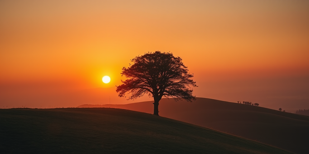 Create a high-resolution image of a solitary tree on a hill during sunset, using a DSLR camera, 35mm lens, aperture f/8, ISO 200, shutter speed 1/200 sec, soft focus background, golden hour lighting, landscape orientation.