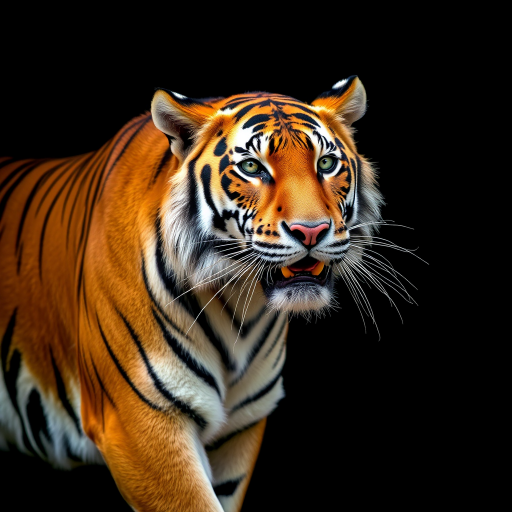 Create a high-resolution image of a tiger in a dramatic pose against a dark background, using a DSLR camera with an aperture of f/2.8, ISO 200, shutter speed of 1/500s, shot from a low angle with a shallow depth of field for a vibrant focus on the tiger's face and fur texture.