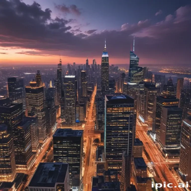 Stunning Aerial View of a Vibrant City Skyline at Sunset