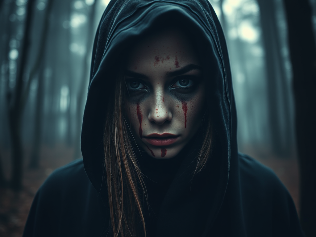 Create a chilling portrait of a woman in a dark hood, covered in blood, with an expression of despair, set in a misty forest, using a DSLR camera with a 50mm lens at f/1.8, ISO 200, shot from a low angle, with a soft-focus background for dramatic effect and high contrast to emphasize the dark elements.