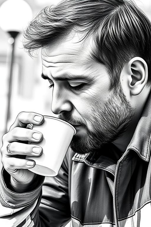 Create a high-contrast black and white sketch of a man sipping from a cup, captured with a 50mm lens at f/2.8, ISO 100, in a soft focus style to enhance details and depth, using a DSLR camera.