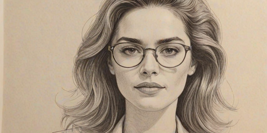 Magnificent Amelia Heinle, pencil sketch, portrait of Splendid woman 1977s in glasses, hair style beatnik, outline, clear lines, fine lines, 8k
