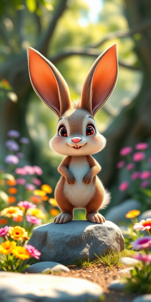 Create a highly detailed 3D illustration of a whimsical cartoon rabbit character with large ears and spiky fur, standing on a stone in a vibrant, enchanted forest setting, with lush greenery and colorful flowers in the background, captured with a Canon EOS R5, 50mm lens, f/1.8 aperture, ISO 100, in soft natural light for enhanced image quality.