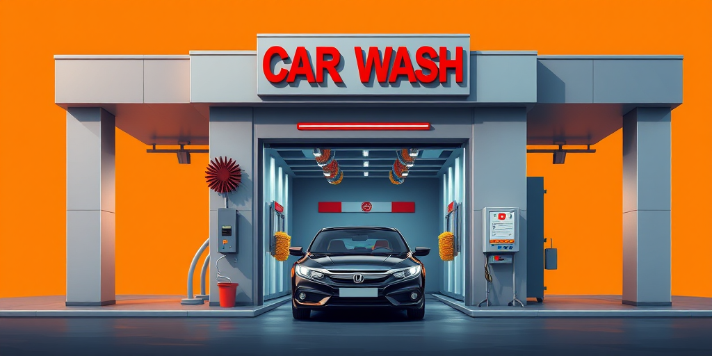 Create a high-resolution digital illustration of a car wash building with colorful brushes and a black car entering, set against a vibrant orange background, captured from a straight-on perspective using a DSLR camera with a 50mm lens at f/8, ISO 200, and a shutter speed of 1/250s for clarity and detail.