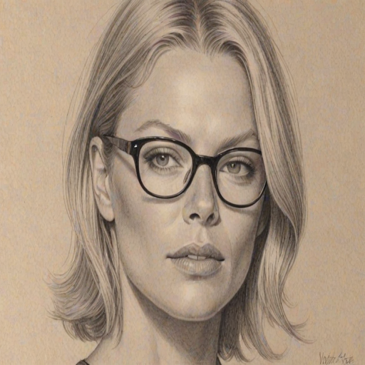 Lovely Peta Wilson, pencil sketch, portrait of Gorgeous woman 1934s in glasses, hair style beatnik, outline, clear lines, fine lines, 8k