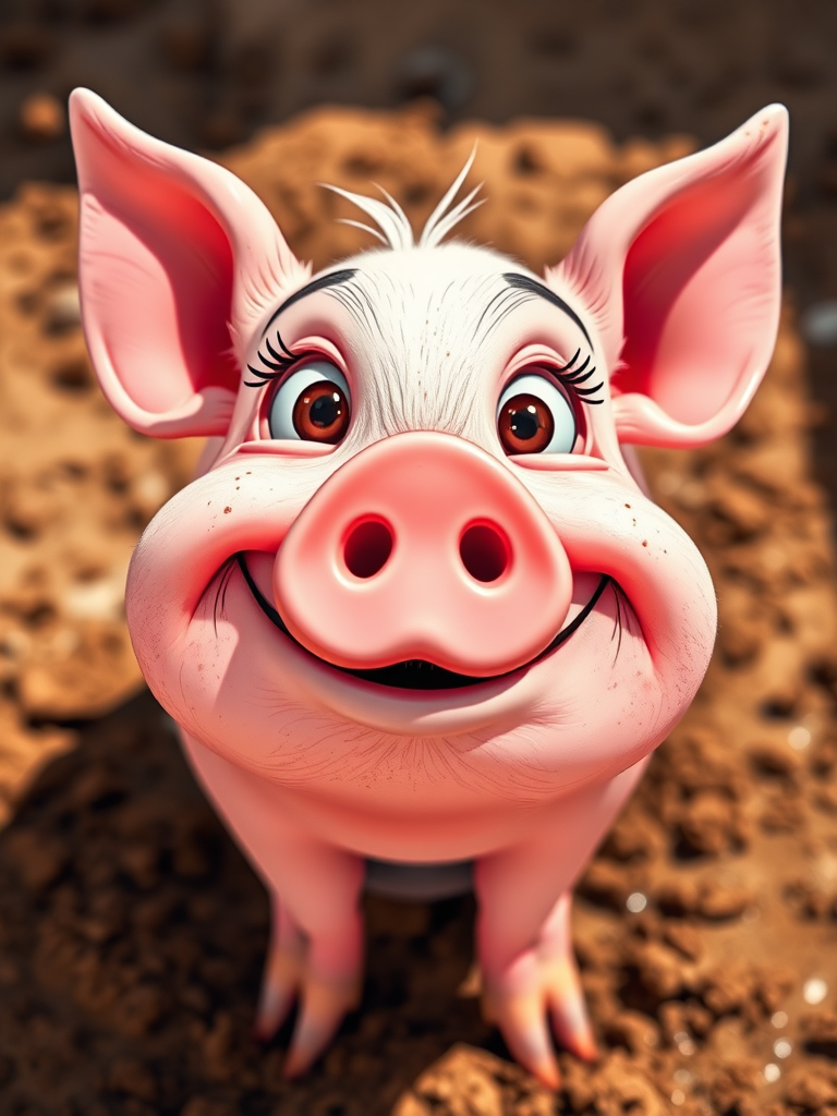 Create a vibrant cartoon-style image of a happy pig's face with a big smile and a playful expression, set against a splatter of mud, using a Canon EOS R5 camera, 50mm lens, f/1.8 aperture, ISO 200, and a bright, natural lighting setup for enhanced image quality.