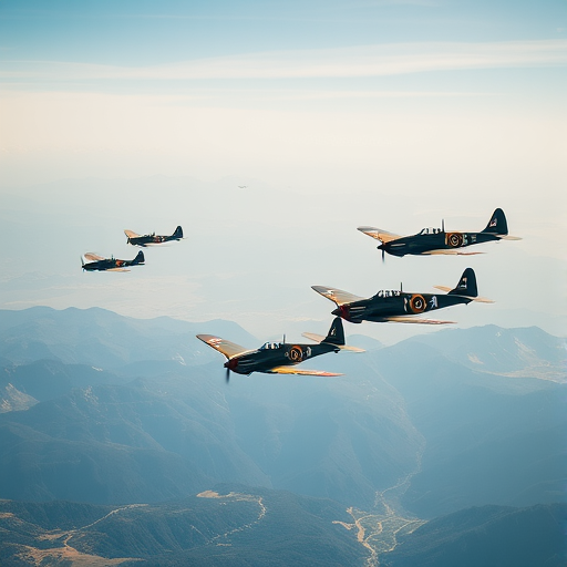 Aerial view of multiple vintage fighter planes in flight over a mountainous landscape during a clear day, shot with a DSLR camera at 24mm, f/8 aperture, ISO 100, and high dynamic range for enhanced detail and clarity.