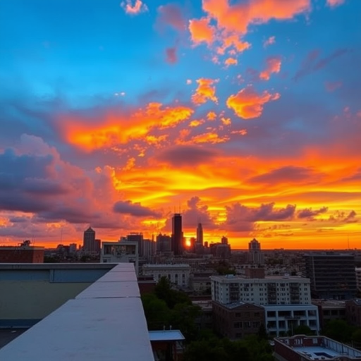 Capture a vibrant sunset over a city skyline, utilizing a wide-angle lens at f/8, ISO 100, and a shutter speed of 1/60 sec, with a warm color palette and dramatic clouds, taken from a rooftop vantage point.