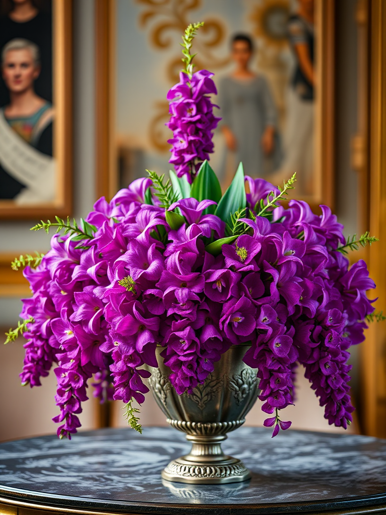 Create a high-resolution image of a lavish floral arrangement with vibrant purple flowers cascading from an ornate vase, using a DSLR camera with a 50mm lens at f/1.8, set to an aperture of f/4, ISO 200, and a soft natural light setup from the side to enhance depth and texture, captured from a slightly elevated angle to showcase the bouquet's fullness.