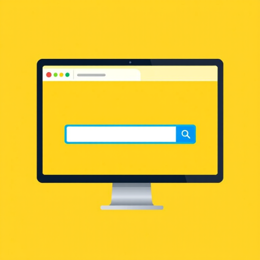 Create a high-resolution illustration of a computer browser window with a prominent search bar, use a bright yellow background, employ a flat design style, and set camera settings to f/8 with a 50mm lens, shot at eye level to enhance clarity and detail.