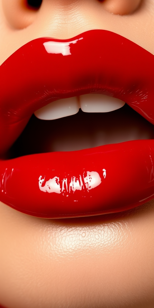 Glossy cherry red lips with a vinyl-like shine, bold and classic, reminiscent of old Hollywood glamour and timeless beauty