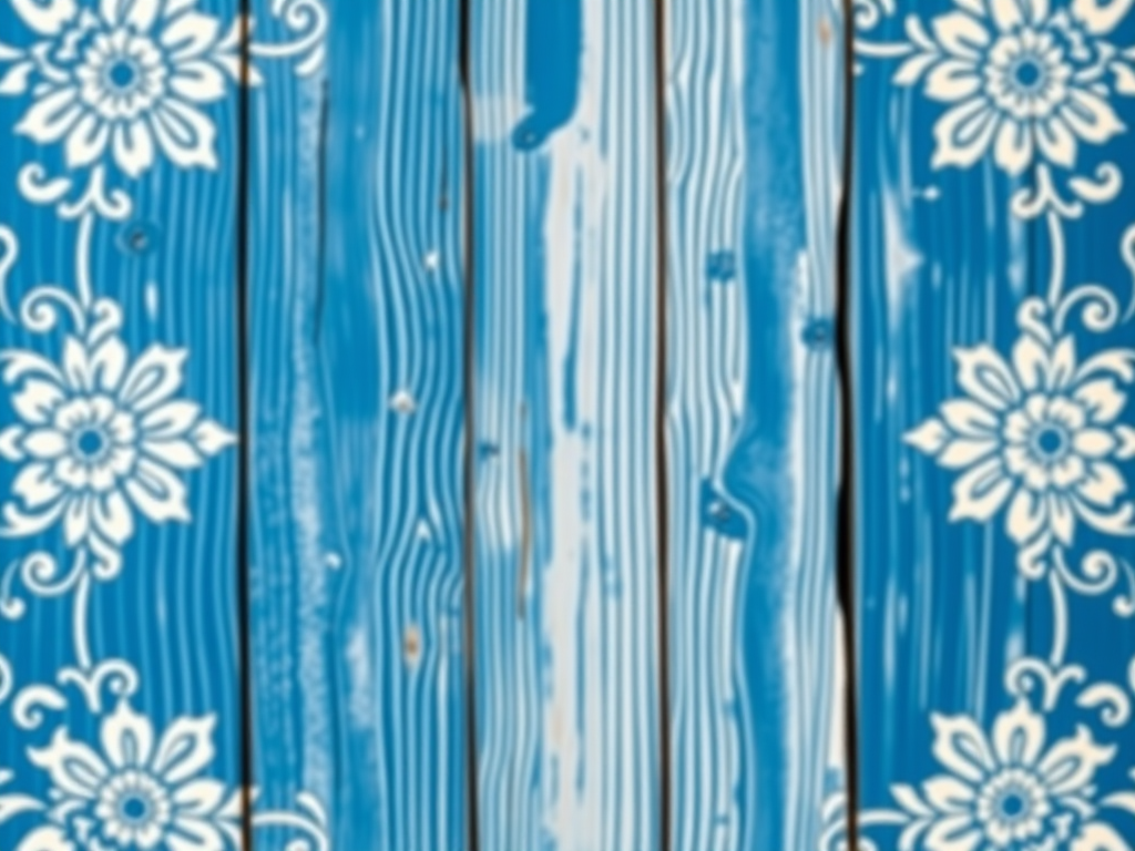 Create an ornate blue and white wooden background with intricate floral designs, shot with a Canon EOS R5, 24mm f/1.4 lens, aperture f/2.8, ISO 100, at a 45-degree angle view to enhance depth.