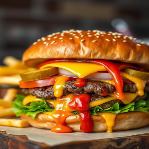 High-resolution, close-up image of a gourmet double cheeseburger. The burger features a glossy, sesame-seed-topped brioche bun. Inside, there are two thick, juicy beef patties, each topped with melted cheddar cheese. The burger is garnished with fresh lettuce, tomato slices, diced onions, and pickles. A generous amount of ketchup and a creamy, orange-colored sauce is dripping down the sides, adding to the mouth-watering appeal. In the background, there are blurred elements including a side of golden French fries and a hint of a beverage, enhancing the overall presentation of a delicious meal.