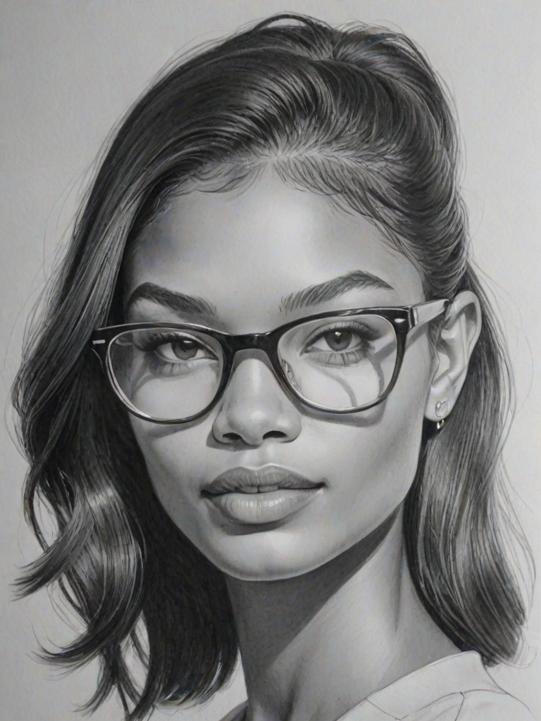 Attractive Chanel Iman, pencil sketch, portrait of Graceful woman 1957s in glasses, hair style beatnik, outline, clear lines, fine lines, 8k
