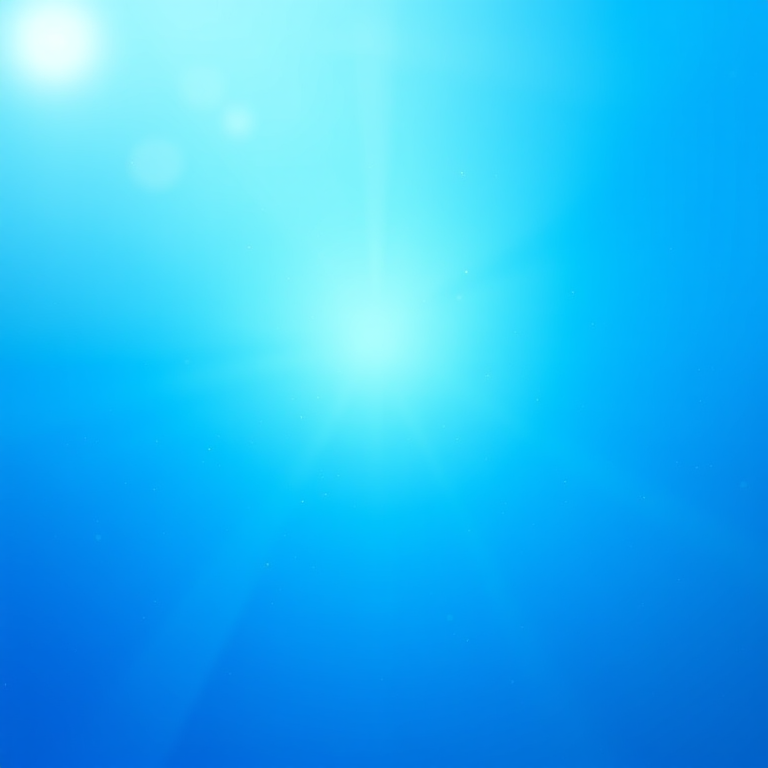 Create a bright blue gradient background with soft, radiant rays emanating from the center and delicate, shimmering particles scattered throughout, camera settings: ISO 100, aperture f/2.8, shutter speed 1/60s, camera view: wide angle, camera style: abstract, camera type: digital SLR.
