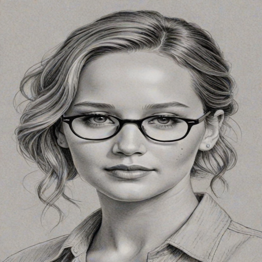Elegant Jennifer Lawrence, pencil sketch, portrait of Fetching woman 1942s in glasses, hair style beatnik, outline, clear lines, fine lines, 8k