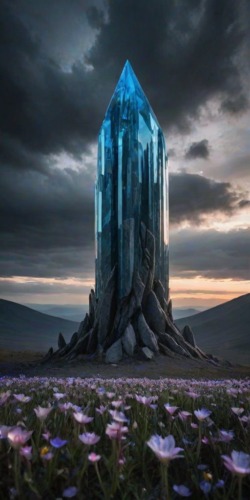 Landscape Photography A massive, shining crysta |glass tower in an ethereal alien landscapesurrounded by glowing flower crystals and asapphire s ky with dark clouds looming