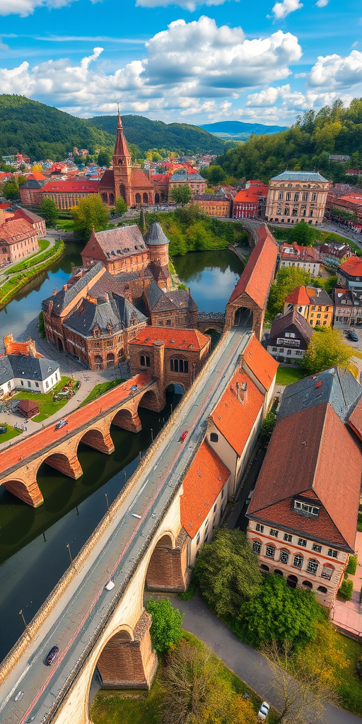 Capture a vibrant aerial view of Heidelberg, Germany showcasing the old bridge and picturesque buildings, using a DSLR camera, aperture f/8, shutter speed 1/250s, ISO 200, and a wide-angle lens to enhance detail and depth.